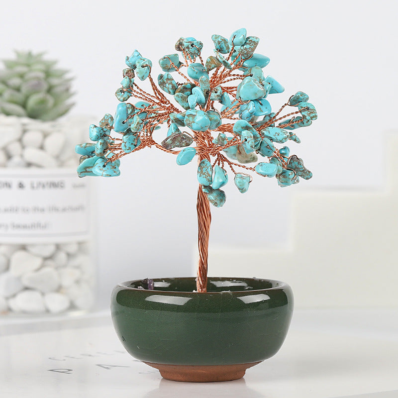 Mini Chakra Copper Crystal Tree in Ceramic Pot – 12 cm