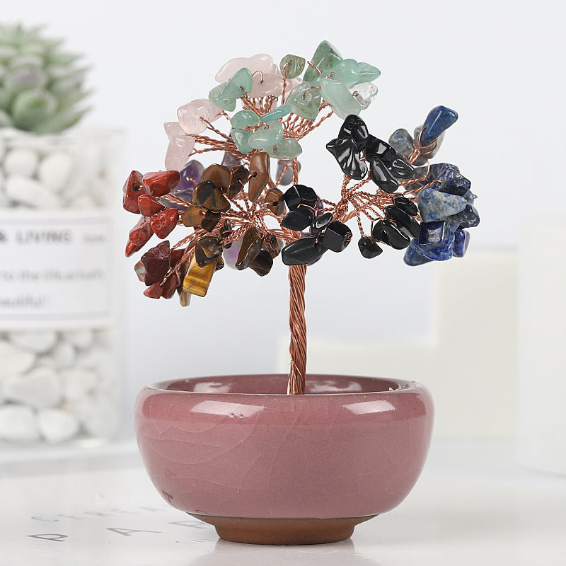 Mini Chakra Copper Crystal Tree in Ceramic Pot – 12 cm