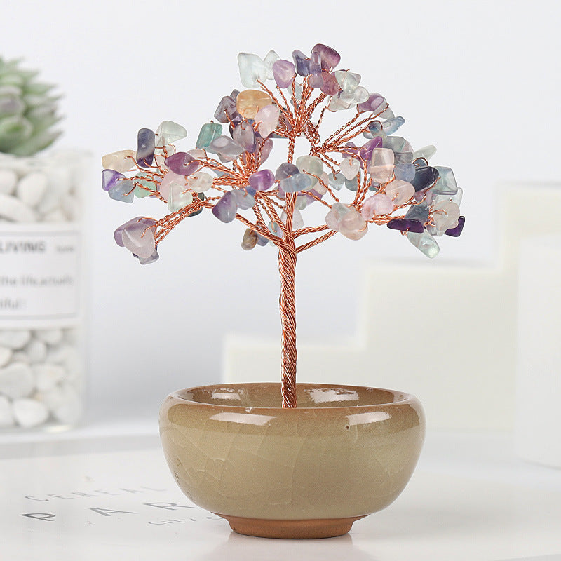 Mini Chakra Copper Crystal Tree in Ceramic Pot – 12 cm