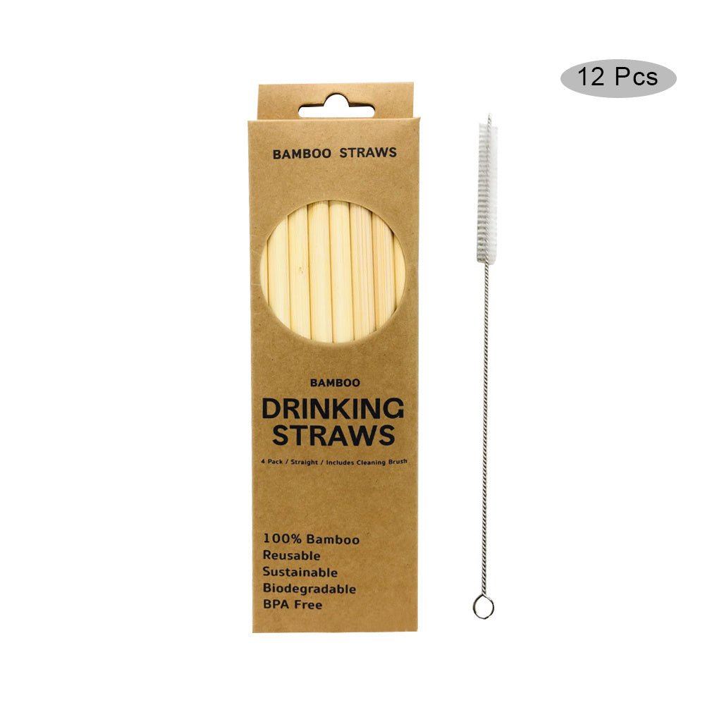 Natural Bamboo Drinking Straws – 12-Pack + Cleaning Brush