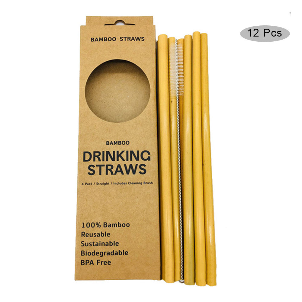 Natural Bamboo Drinking Straws – 12-Pack + Cleaning Brush