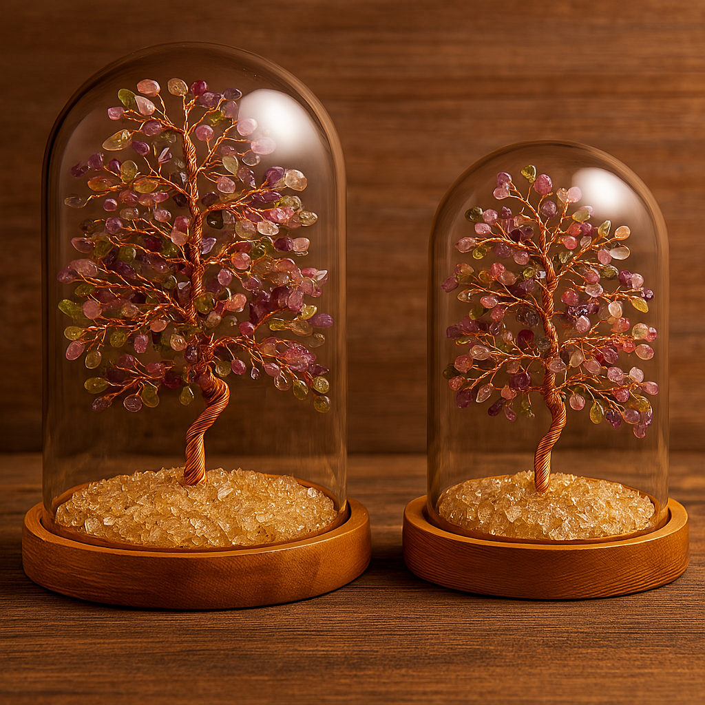 Energetic Copper Crystal Tree with Glass Dome – Large (21 cm) / Small (18 cm)